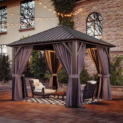 10 Ft. X 10 Ft. Outdoor Galvanized Steel Roof Gazebo, Aluminum Frame Pergolas with Ceiling Hook, Curtains and Netting